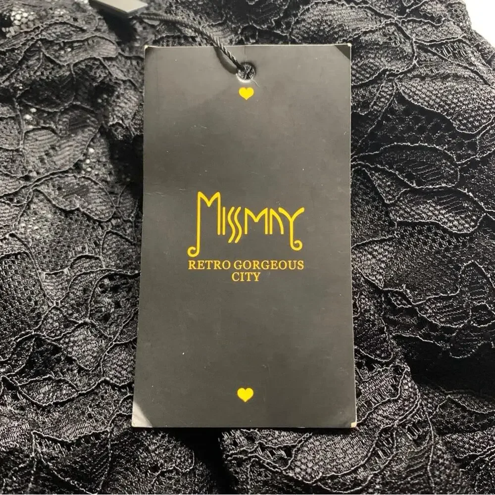 Missmay Black Lace Formal Dress S Ruffle Drape Slit Evening Cocktail NWT